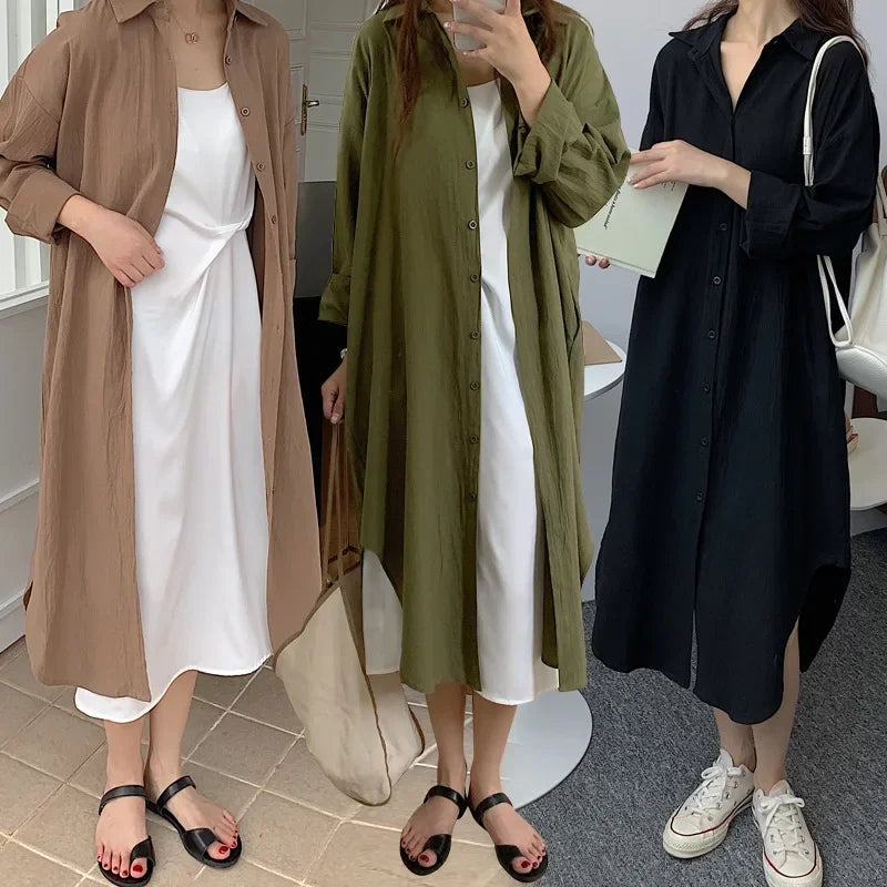 IMIEMIE TFETTERS Long Shirt Dresses Women Korean Fashion Casual Loose Long Sleeve Shirt Women X-Long Knee-length Button Up Coat Shirt