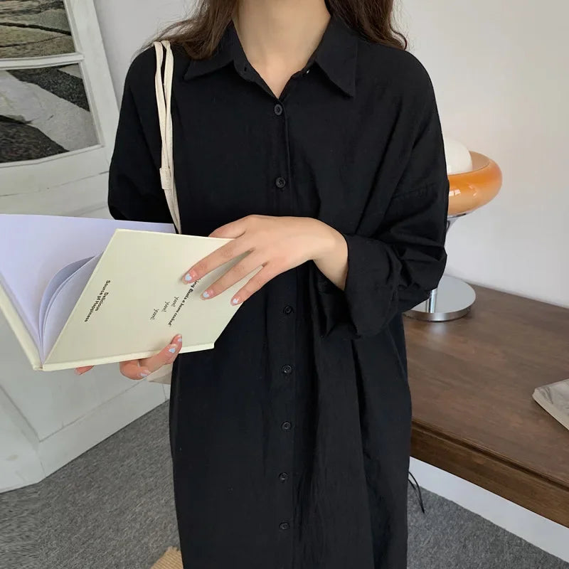 IMIEMIE TFETTERS Long Shirt Dresses Women Korean Fashion Casual Loose Long Sleeve Shirt Women X-Long Knee-length Button Up Coat Shirt