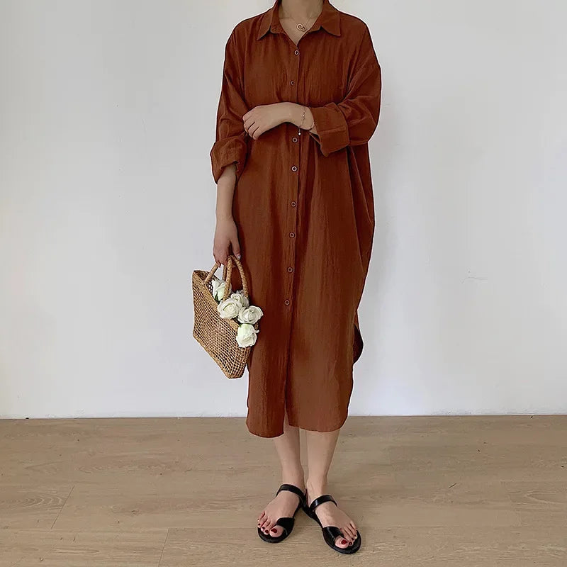 IMIEMIE TFETTERS Long Shirt Dresses Women Korean Fashion Casual Loose Long Sleeve Shirt Women X-Long Knee-length Button Up Coat Shirt