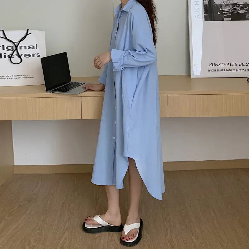 IMIEMIE TFETTERS Long Shirt Dresses Women Korean Fashion Casual Loose Long Sleeve Shirt Women X-Long Knee-length Button Up Coat Shirt