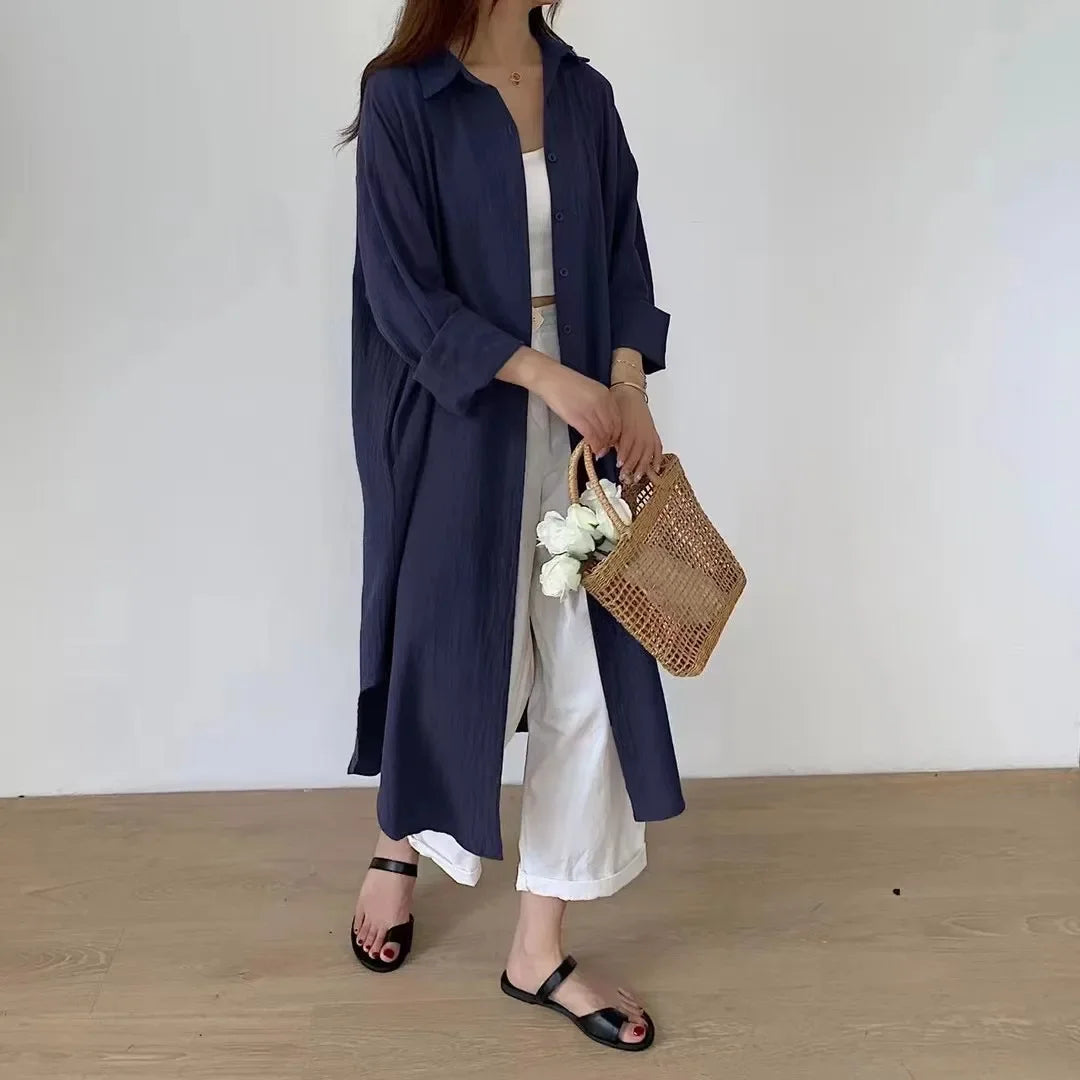 IMIEMIE TFETTERS Long Shirt Dresses Women Korean Fashion Casual Loose Long Sleeve Shirt Women X-Long Knee-length Button Up Coat Shirt