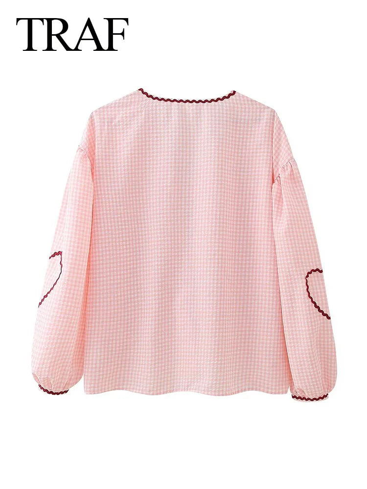 IMIEMIE TRAF 2024 Elegant Woman Casual Long Sleeve Pink Blouse Women Plaid Print Hollow Out Bow Lace Up Love Folds Decorate Shirts