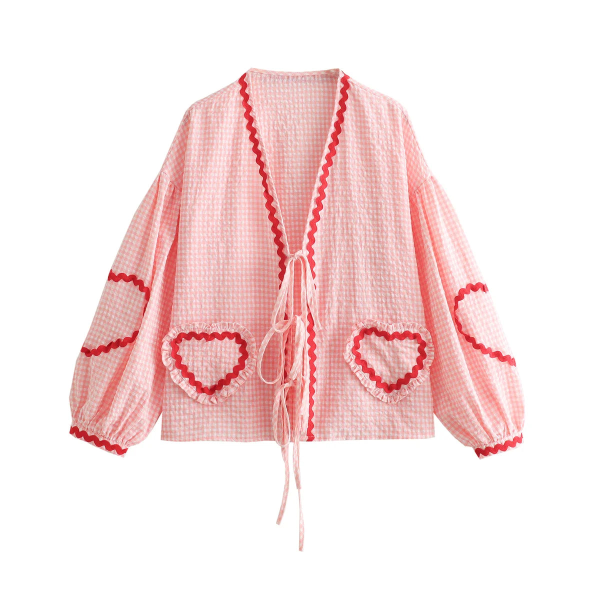 IMIEMIE TRAF 2024 Elegant Woman Casual Long Sleeve Pink Blouse Women Plaid Print Hollow Out Bow Lace Up Love Folds Decorate Shirts