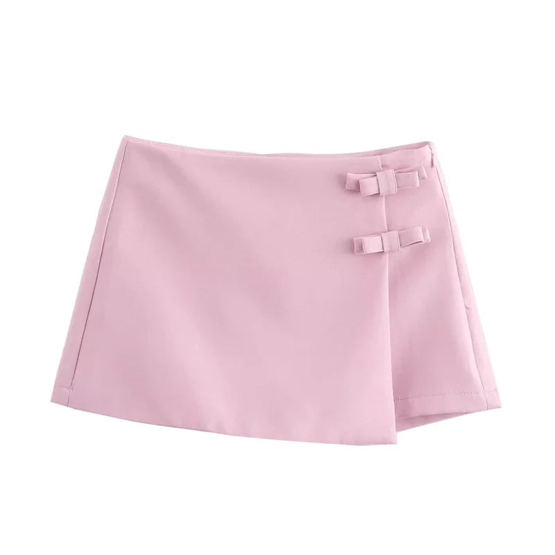 IMIEMIE TRAF 2024 Pink White Mini Skirt Woman Fashion Bow Skort For Women Summer Slit Short Skirt Woman Split High Waist Skirt Shorts