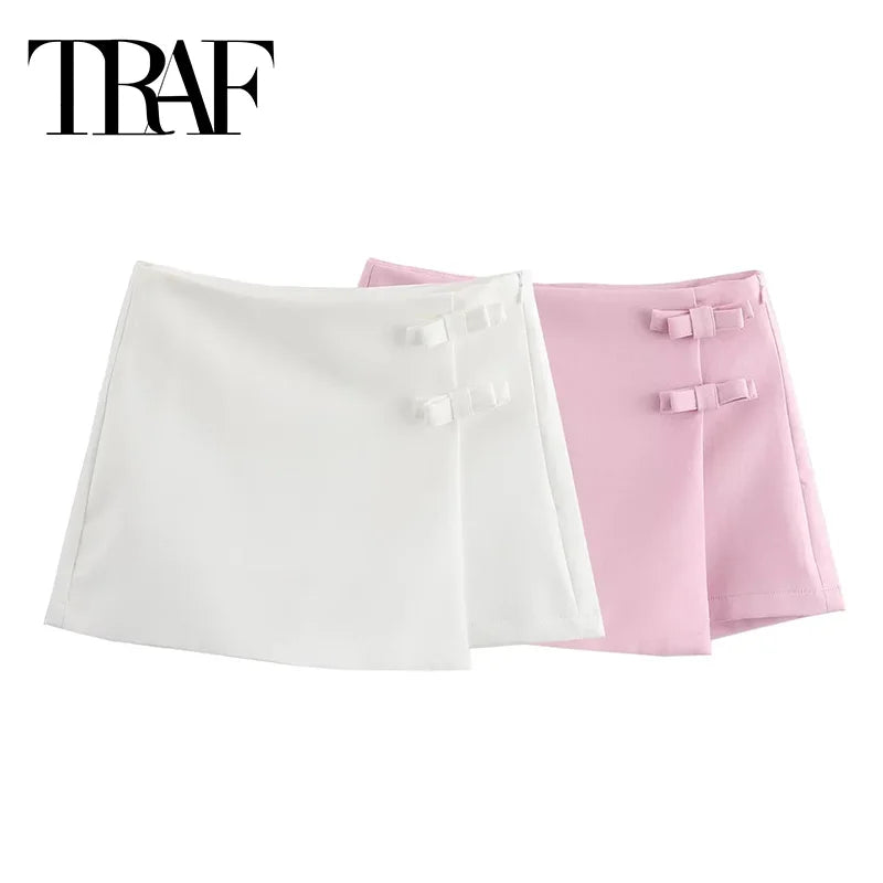 IMIEMIE TRAF 2024 Pink White Mini Skirt Woman Fashion Bow Skort For Women Summer Slit Short Skirt Woman Split High Waist Skirt Shorts