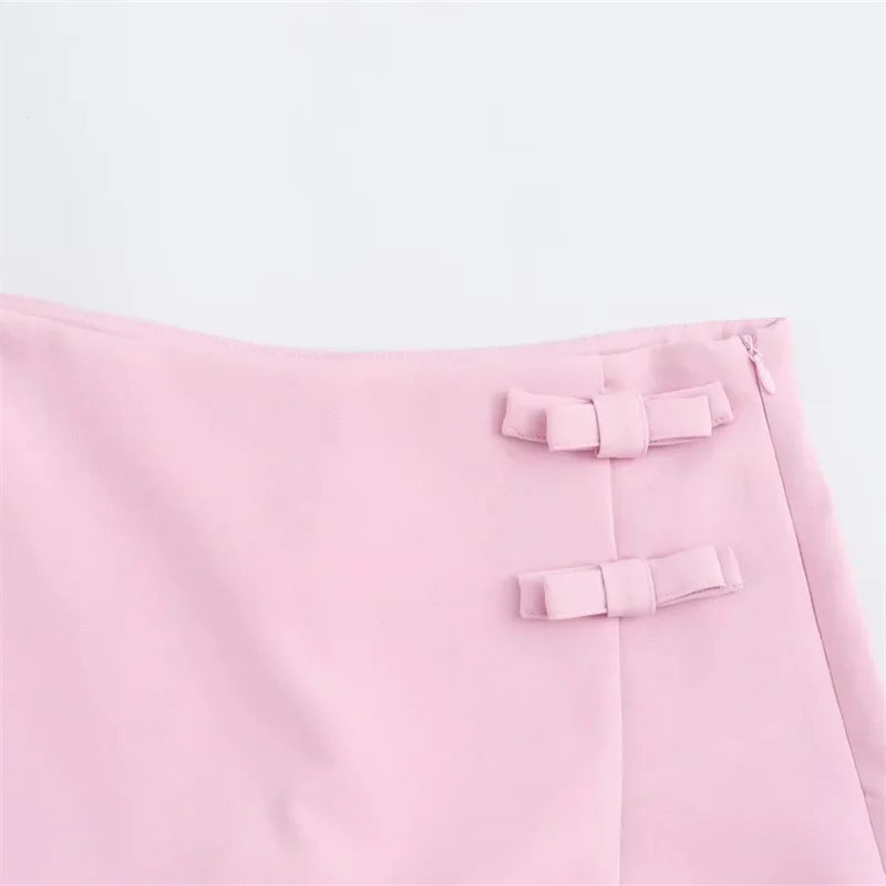 IMIEMIE TRAF 2024 Pink White Mini Skirt Woman Fashion Bow Skort For Women Summer Slit Short Skirt Woman Split High Waist Skirt Shorts