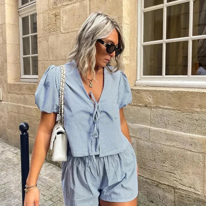 IMIEMIE TRAF 2024 Woman Blue Plaid Crop Top Women Tied Puff Short Sleeve Summer Blouse Female Casual Youth Women's Stylish Blouses