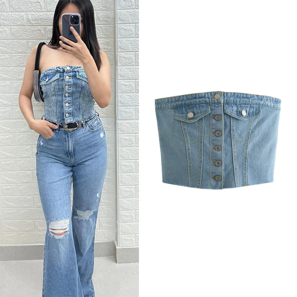 IMIEMIE TRAF Denim Top Women Cropped Corset Top Summer Off shoulder Crop top Woman Tube top Sleeveless Bustier Tank top