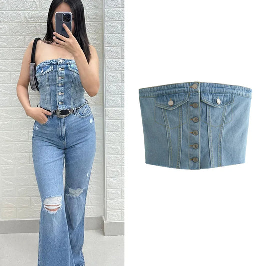 IMIEMIE TRAF Denim Top Women Cropped Corset Top Summer Off shoulder Crop top Woman Tube top Sleeveless Bustier Tank top