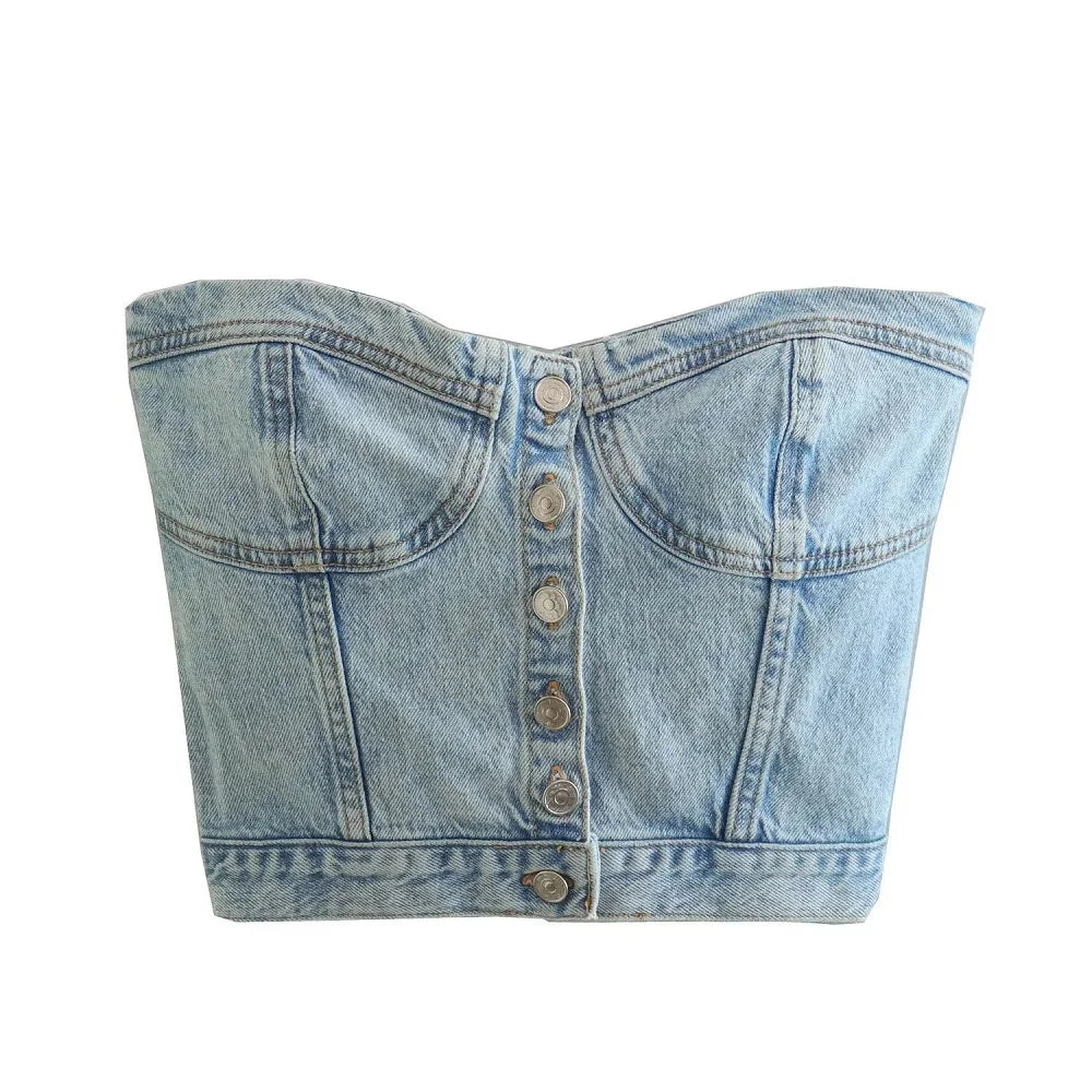 IMIEMIE TRAF Denim Top Women Cropped Corset Top Summer Off shoulder Crop top Woman Tube top Sleeveless Bustier Tank top