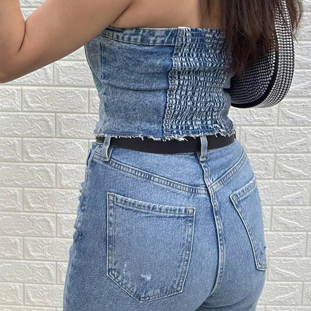 IMIEMIE TRAF Denim Top Women Cropped Corset Top Summer Off shoulder Crop top Woman Tube top Sleeveless Bustier Tank top