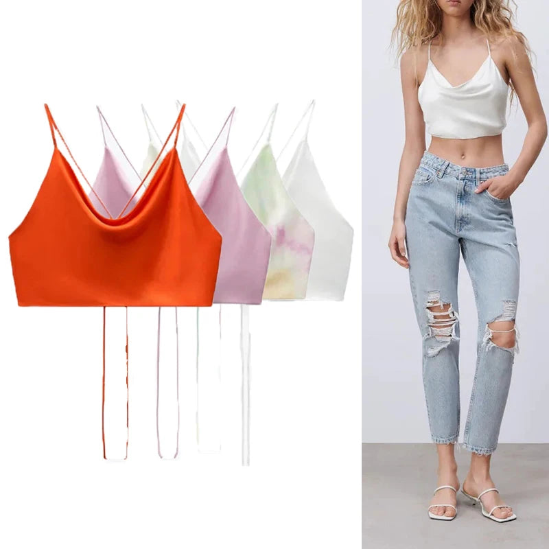 IMIEMIE TRAF Satin Crop top Women Summer White Pink Red Cami Top 2024 Woman Sexy Backless Halter Camisole Strap Tank Top