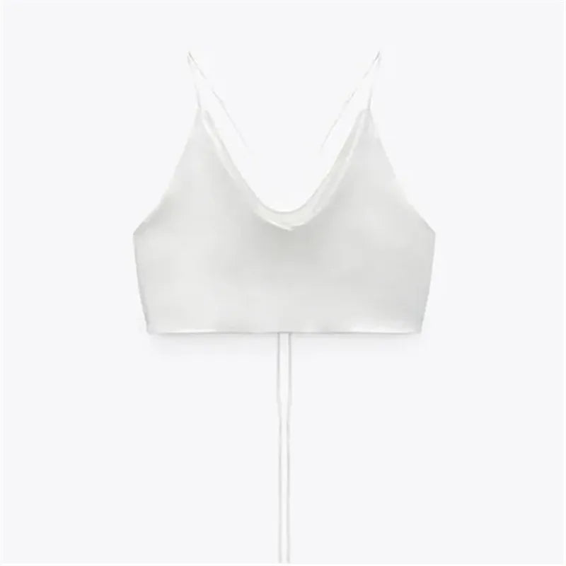 IMIEMIE TRAF Satin Crop top Women Summer White Pink Red Cami Top 2024 Woman Sexy Backless Halter Camisole Strap Tank Top