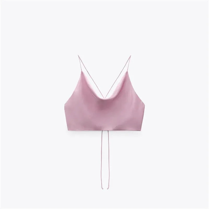 IMIEMIE TRAF Satin Crop top Women Summer White Pink Red Cami Top 2024 Woman Sexy Backless Halter Camisole Strap Tank Top