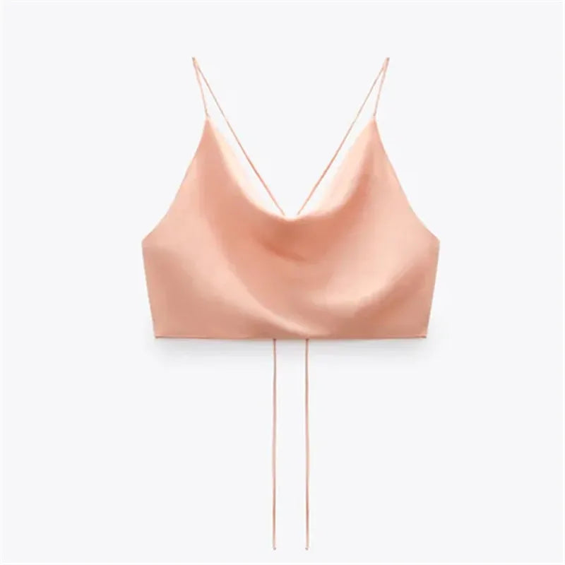 IMIEMIE TRAF Satin Crop top Women Summer White Pink Red Cami Top 2024 Woman Sexy Backless Halter Camisole Strap Tank Top