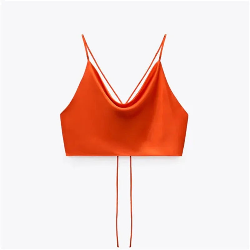 IMIEMIE TRAF Satin Crop top Women Summer White Pink Red Cami Top 2024 Woman Sexy Backless Halter Camisole Strap Tank Top