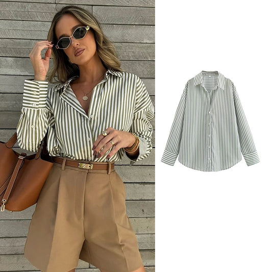 IMIEMIE TRAF Shirts Summer Women's Tops 2024 New Chic Striped Loose Blouses Street Elegant Women's Joker Youth Shirt Tops