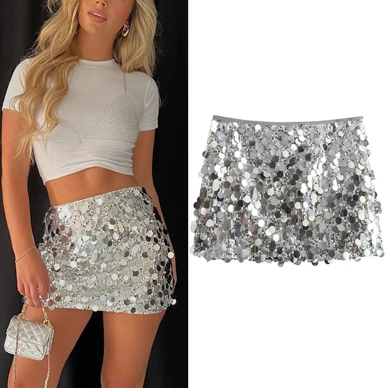 IMIEMIE TRAF Silver Sequin Skirt Woman High Waist Mini Skirt Woman Fashion Shiny Glitter Elegant Short Skirts For Women 2024 Y2k Skirts