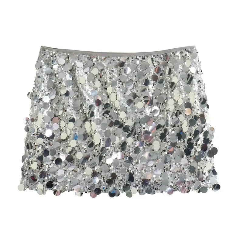 IMIEMIE TRAF Silver Sequin Skirt Woman High Waist Mini Skirt Woman Fashion Shiny Glitter Elegant Short Skirts For Women 2024 Y2k Skirts