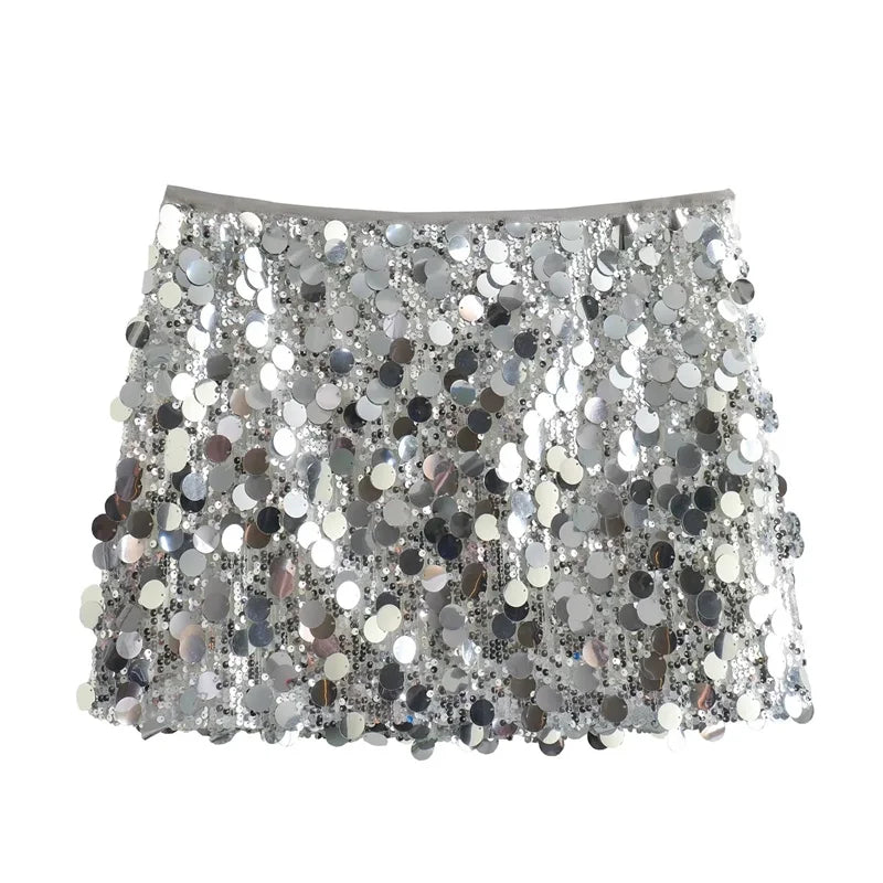 IMIEMIE TRAF Silver Sequin Skirt Woman High Waist Mini Skirt Woman Fashion Shiny Glitter Elegant Short Skirts For Women 2024 Y2k Skirts