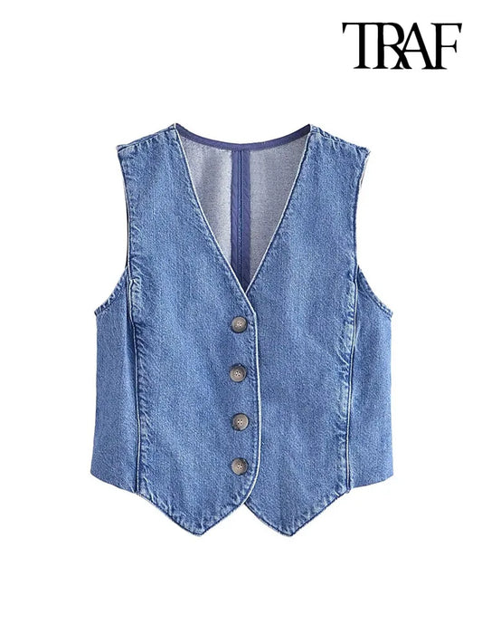 IMIEMIE TRAF Women Fashion Front Button Denim Waistcoat Vintage V Neck Sleeveless Female Outerwear Chic Vest Tops