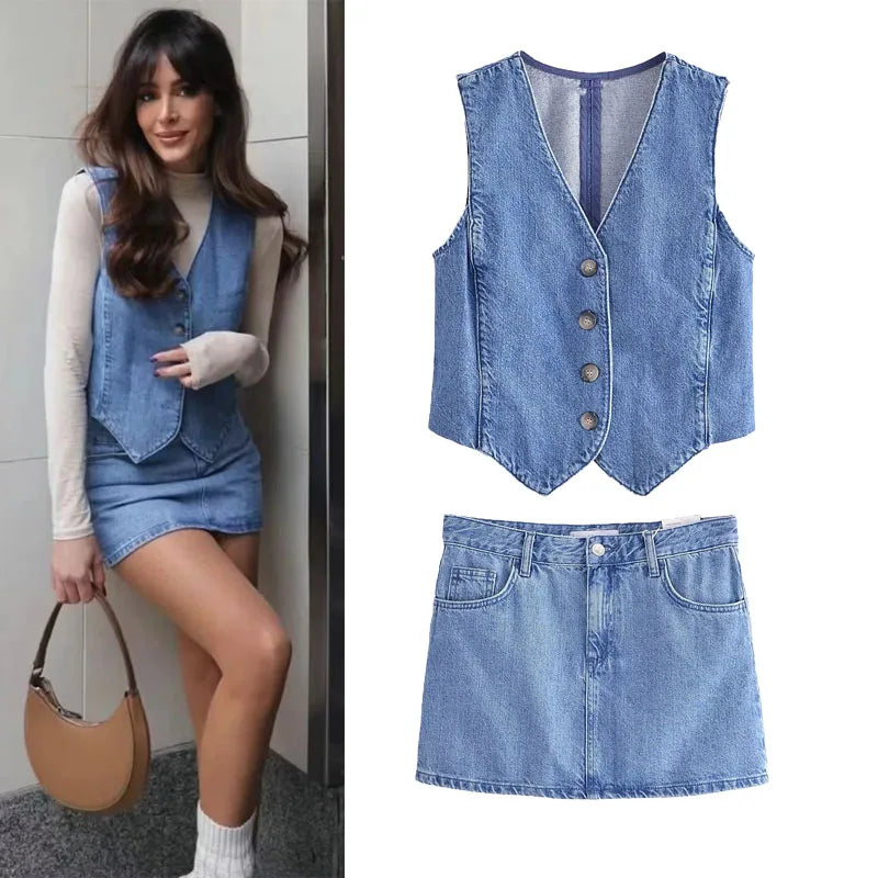 IMIEMIE TRAF Women's Denim Vest Fashion Denim Sleeveless Vests For Women Jackets Short Sets Street New Outerwear Causal Female vest Top