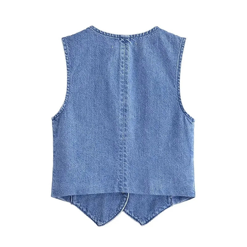 IMIEMIE TRAF Women's Denim Vest Fashion Denim Sleeveless Vests For Women Jackets Short Sets Street New Outerwear Causal Female vest Top