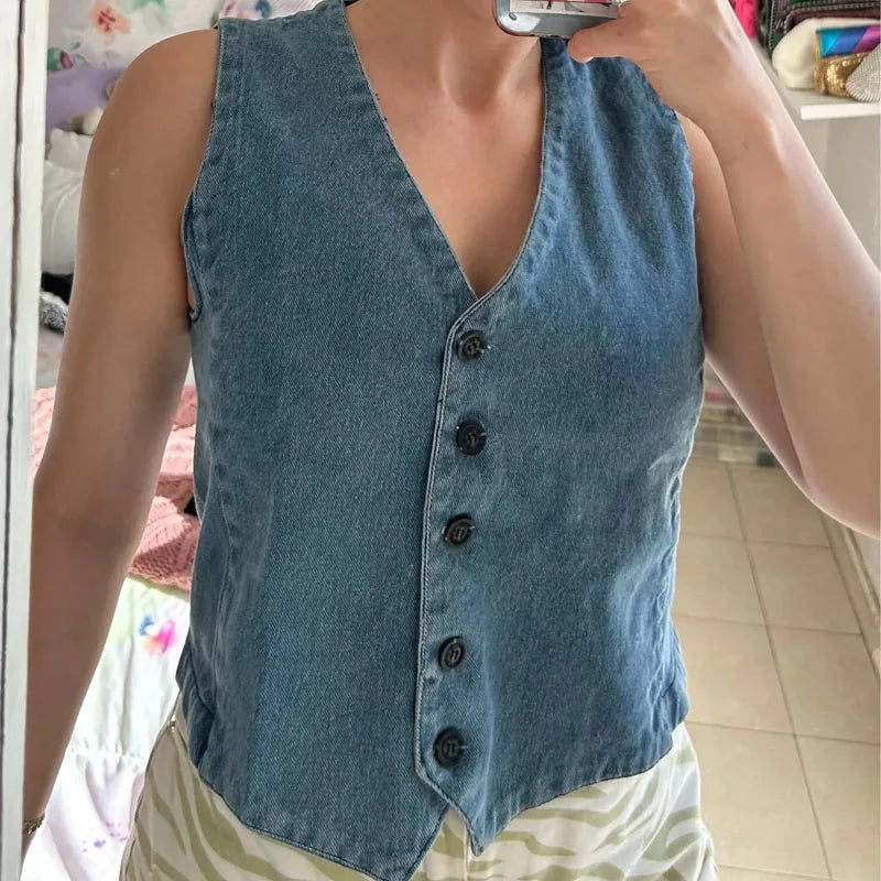 IMIEMIE TRAF Women's Denim Vest Fashion Denim Sleeveless Vests For Women Jackets Short Sets Street New Outerwear Causal Female vest Top