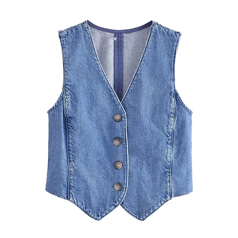 IMIEMIE TRAF Women's Denim Vest Fashion Denim Sleeveless Vests For Women Jackets Short Sets Street New Outerwear Causal Female vest Top