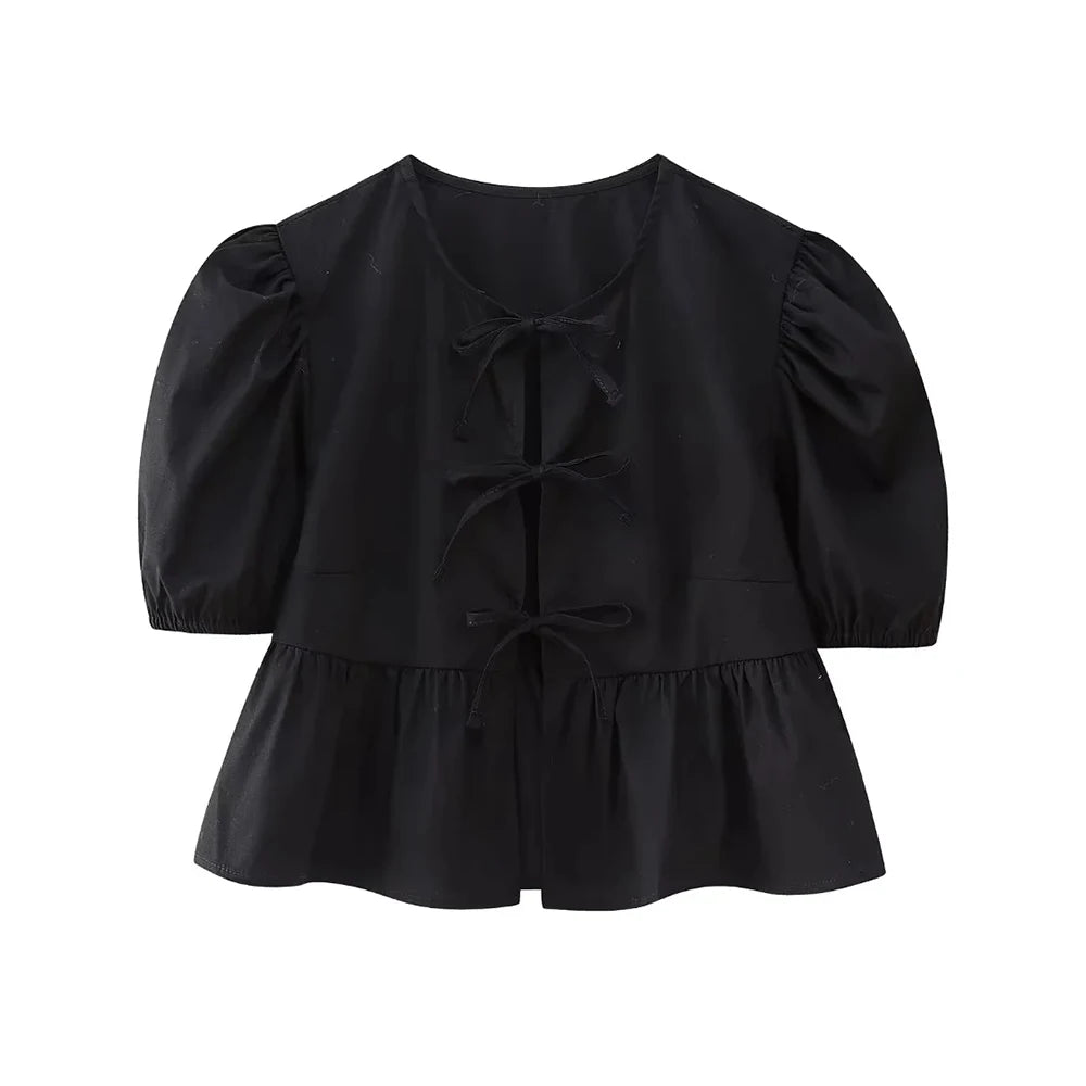 IMIEMIE TRAF-Women's Lace Up Cropped Blouses, Puff Sleeves, O Neck, Female Shirts, Chic Tops, Fashion