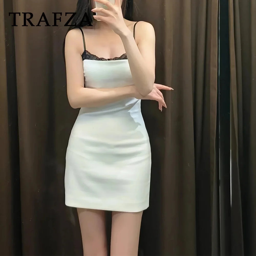 IMIEMIE TRAFZA 2024 Spring Summer Sexy Lace Patchwork Women Dress Fashion Solid Slim Nightclub Strapless Sleeveless Camisole Mini Dress