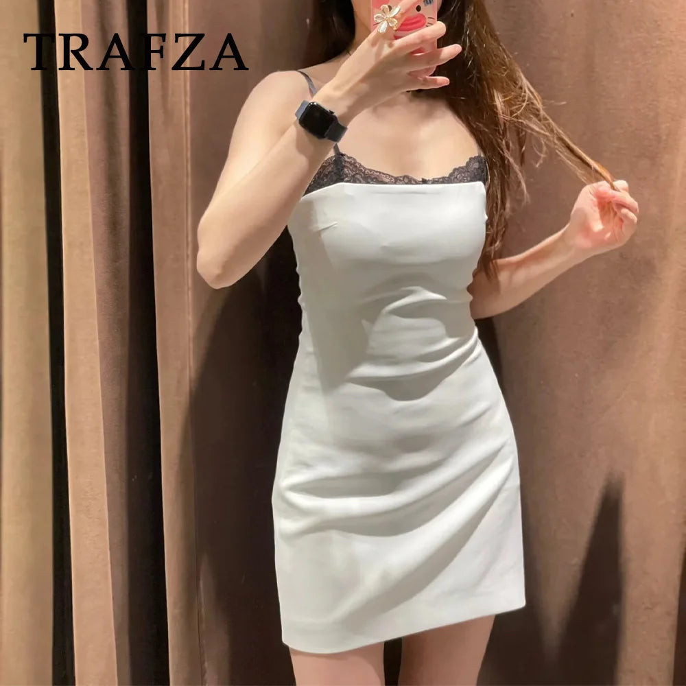 IMIEMIE TRAFZA 2024 Spring Summer Sexy Lace Patchwork Women Dress Fashion Solid Slim Nightclub Strapless Sleeveless Camisole Mini Dress