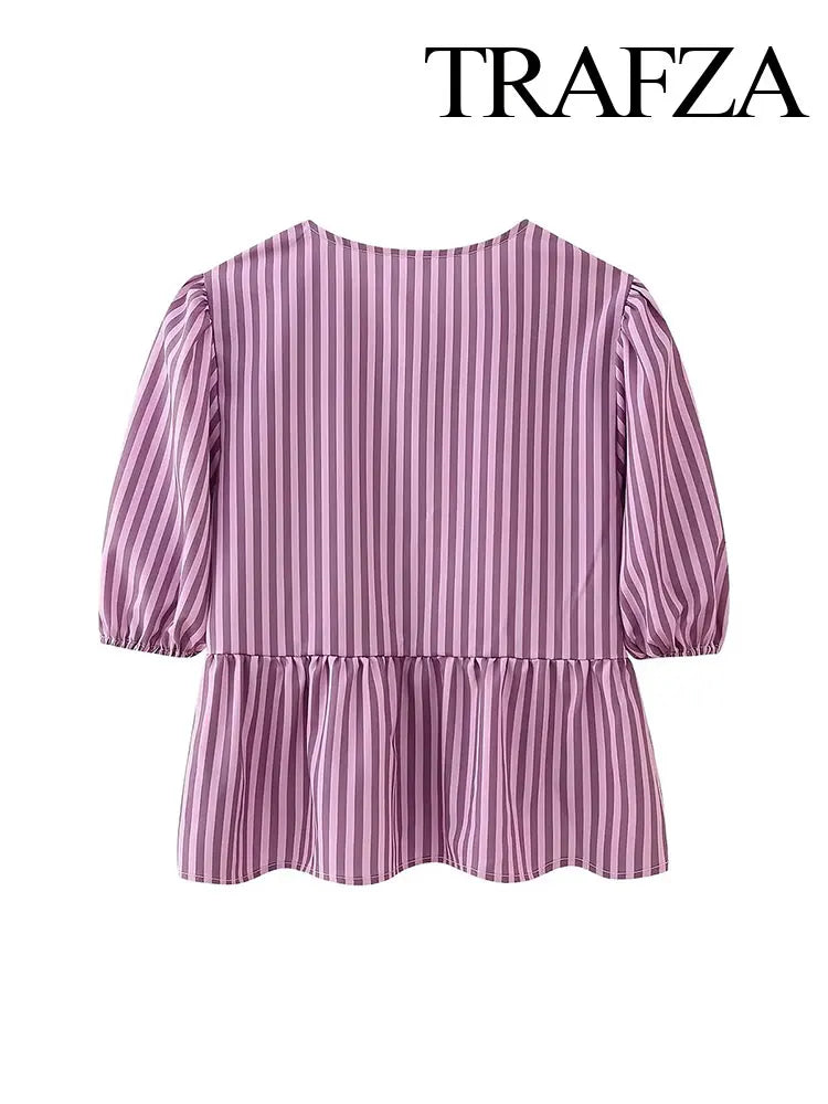 IMIEMIE TRAFZA 2024 Women's Spring Striped Printed Casual Shirt Elegant Women's Puff Sleeve Lace-Up Round Neck Versatile Top Short Shirt