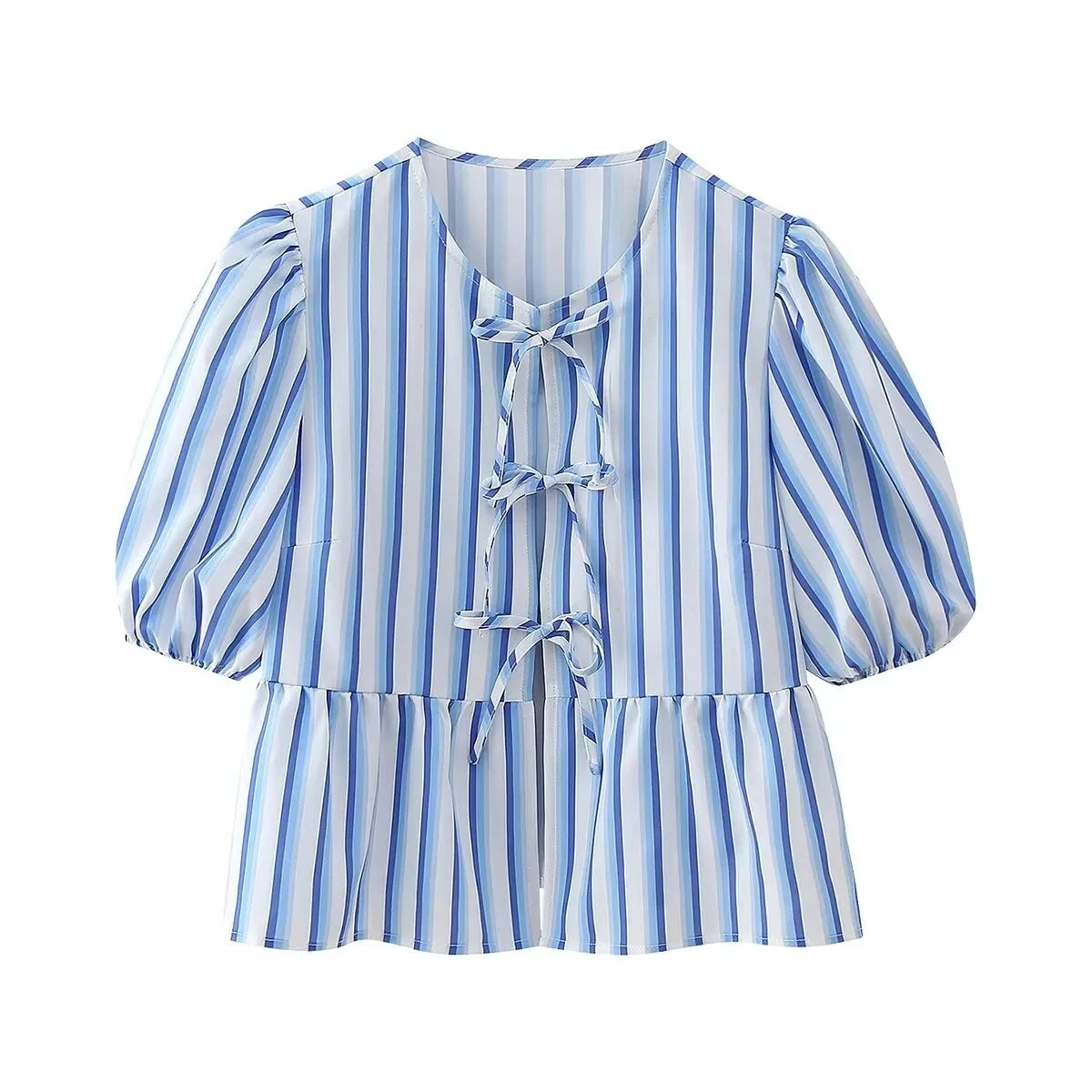 IMIEMIE TRAFZA 2024 Women's Spring Striped Printed Casual Shirt Elegant Women's Puff Sleeve Lace-Up Round Neck Versatile Top Short Shirt