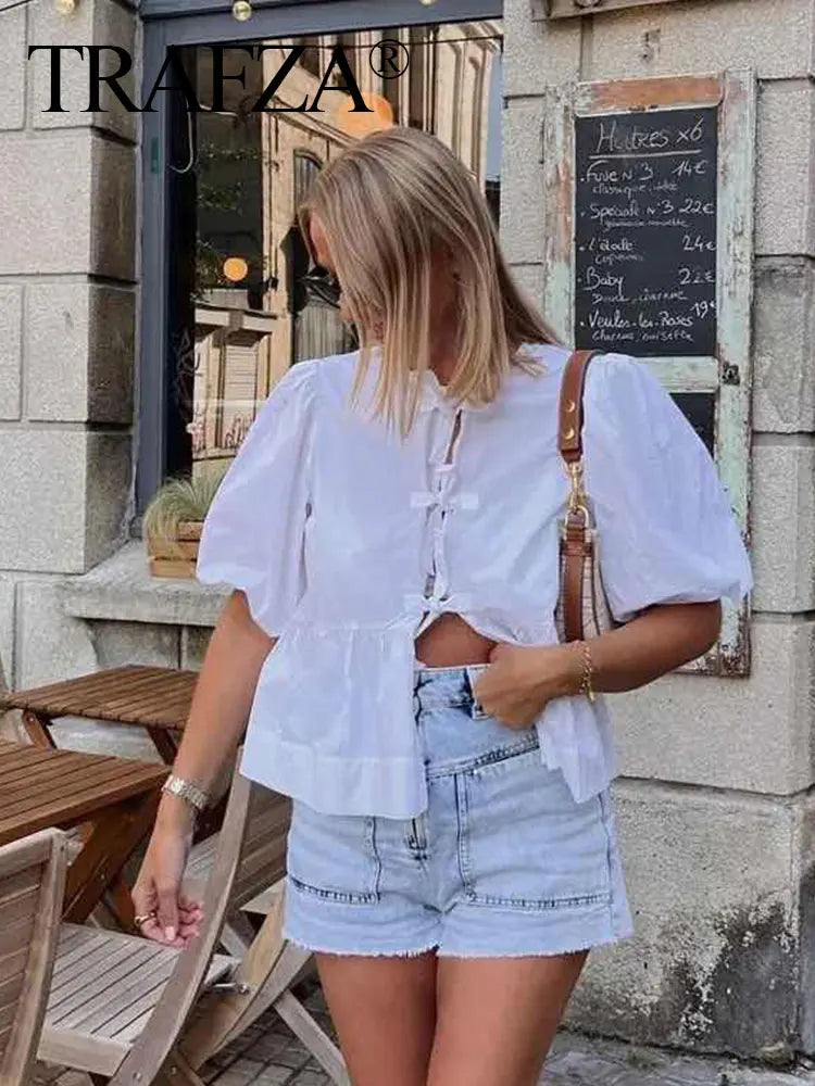 IMIEMIE TRAFZA Fashion Solid Hollow Out Shirt Women Causal O Neck Short Sleeved Lace Up Tops Chic Female Casual Blouse Streetwear 2024