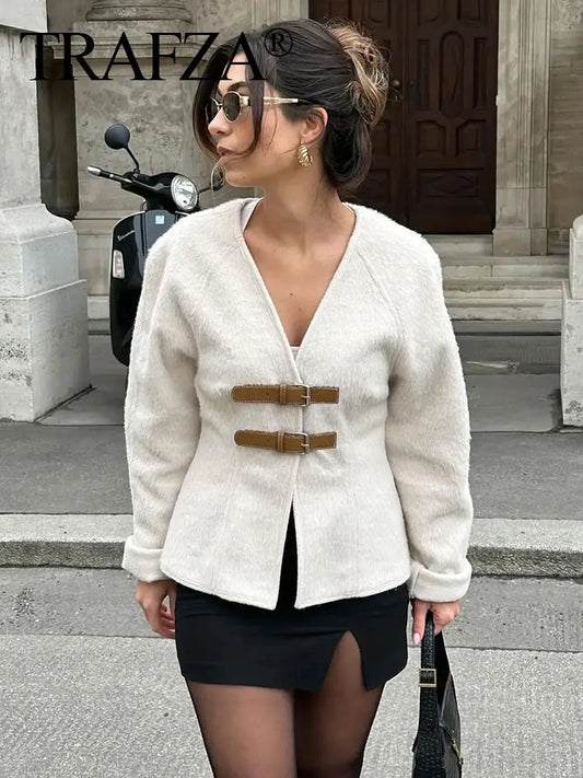 IMIEMIE TRAFZA Retro Leather Buckle Woolen Coat Women Fashion Solid V Neck Long Sleeve Beige Jacket Autumn Spring Chic Female Streetwear