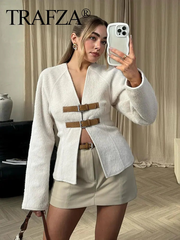 IMIEMIE TRAFZA Retro Leather Buckle Woolen Coat Women Fashion Solid V Neck Long Sleeve Beige Jacket Autumn Spring Chic Female Streetwear