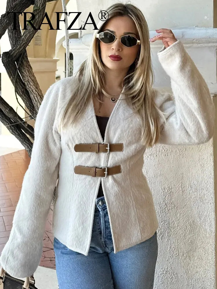 IMIEMIE TRAFZA Retro Leather Buckle Woolen Coat Women Fashion Solid V Neck Long Sleeve Beige Jacket Autumn Spring Chic Female Streetwear