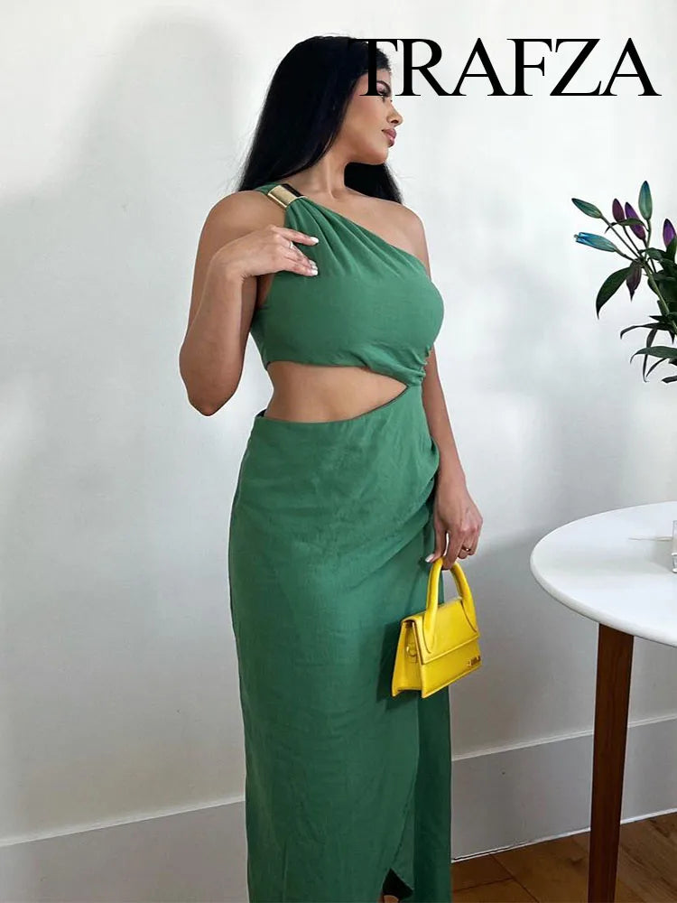 IMIEMIE TRAFZA Summer Women Asymmetric Off Shoulder Midi Dress Ruched Cut Out Backless Long Dress Female Elegant Party Club Vestidos