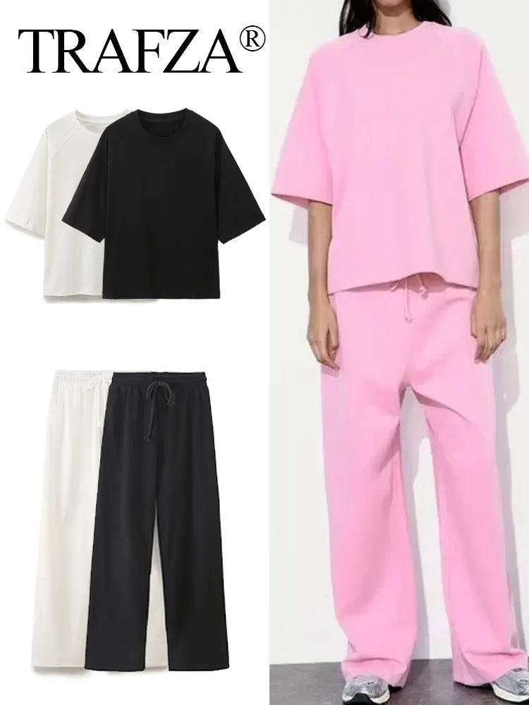 IMIEMIE TRAFZA Summer Women Casual T Shirt Pant Sets Elegant Pink O Neck Short Sleeve T-Shirt + Drawstring Loose Trousers Spring Suit