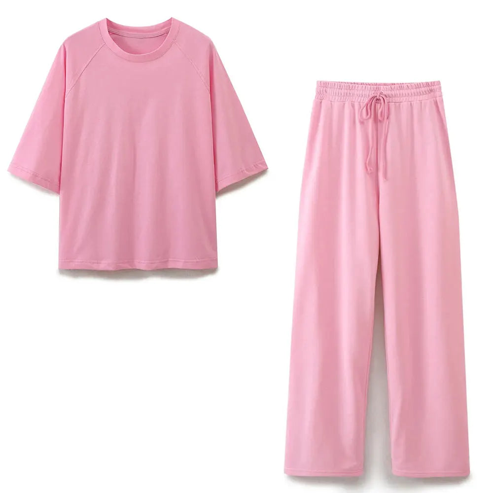 IMIEMIE TRAFZA Summer Women Casual T Shirt Pant Sets Elegant Pink O Neck Short Sleeve T-Shirt + Drawstring Loose Trousers Spring Suit