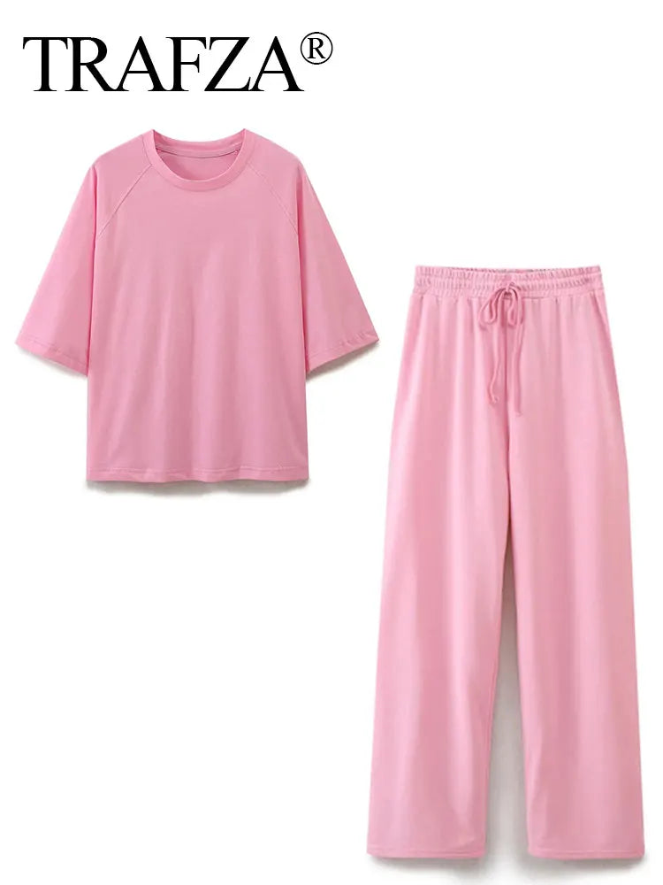 IMIEMIE TRAFZA Summer Women Casual T Shirt Pant Sets Elegant Pink O Neck Short Sleeve T-Shirt + Drawstring Loose Trousers Spring Suit