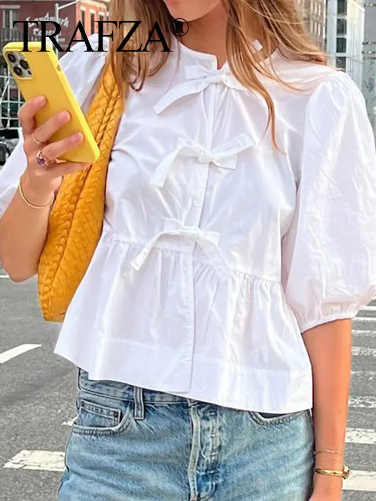 IMIEMIE TRAFZA Women Bow Lace Up Puff Sleeve Shirt Sweet White Black O Neck Blouse 2024 Spring Summer Casual Female Chic Top Shirts