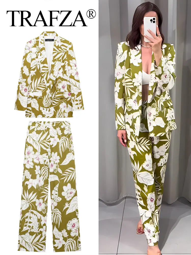 IMIEMIE TRAFZA Women Fashion Floral Print Trouser Suits V Neck Commute Blazer Top + Back Elastic Waist Office Woman Wide Leg Long Pant