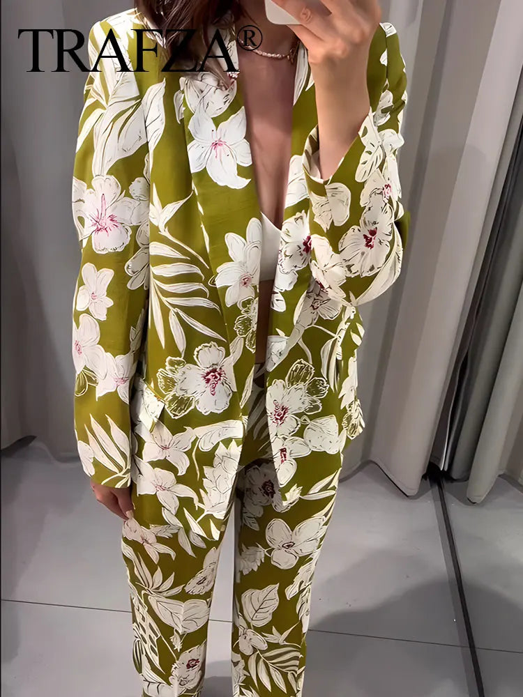 IMIEMIE TRAFZA Women Fashion Floral Print Trouser Suits V Neck Commute Blazer Top + Back Elastic Waist Office Woman Wide Leg Long Pant