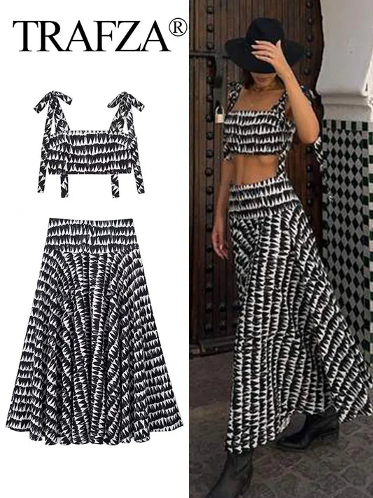 IMIEMIE TRAFZA Women Fashion Print Skirts Suit Sexy Backless Sleeveless Slim Corset Crop Top Side Zipper Midi Skirt Y2K Streetwear Sets