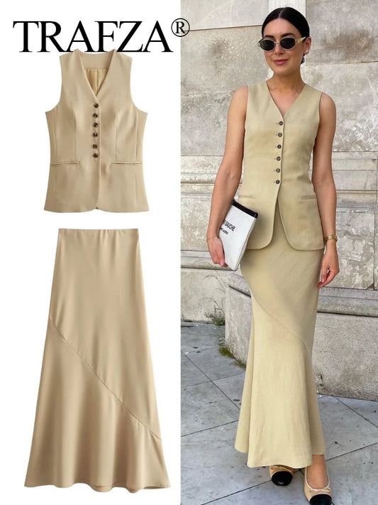 IMIEMIE TRAFZA Women Vest Skirt Sets Female Khaki Long Blazer Vest V Neck Sleeveless Slim Top+Elegant High Waist A Line Skirt Suit TRAF