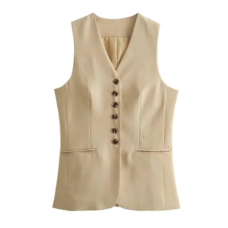 IMIEMIE TRAFZA Women Vest Skirt Sets Female Khaki Long Blazer Vest V Neck Sleeveless Slim Top+Elegant High Waist A Line Skirt Suit TRAF