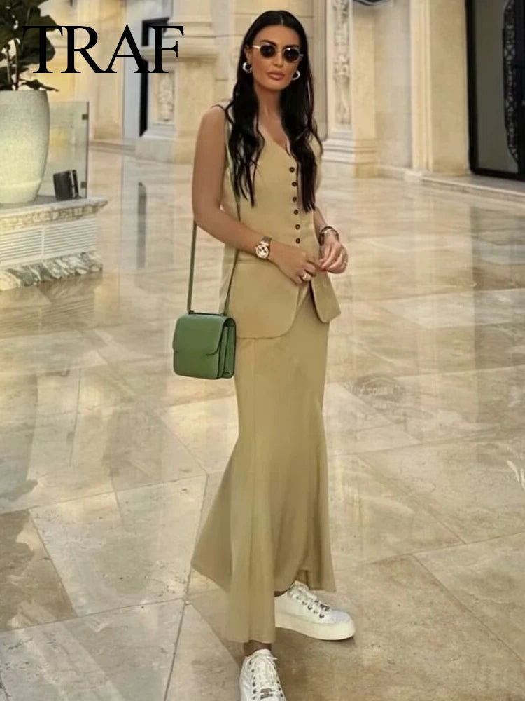 IMIEMIE TRAFZA Women Vest Skirt Sets Female Khaki Long Blazer Vest V Neck Sleeveless Slim Top+Elegant High Waist A Line Skirt Suit TRAF