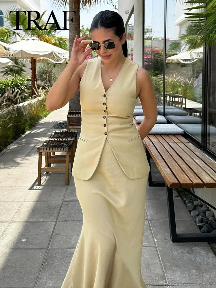 IMIEMIE TRAFZA Women Vest Skirt Sets Female Khaki Long Blazer Vest V Neck Sleeveless Slim Top+Elegant High Waist A Line Skirt Suit TRAF